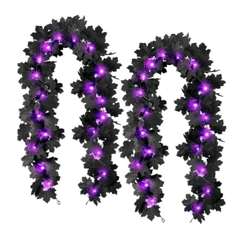 2 Pcs Lighted Black Leaf Garland Halloween Fall Leaf Garland with Light Ghosts